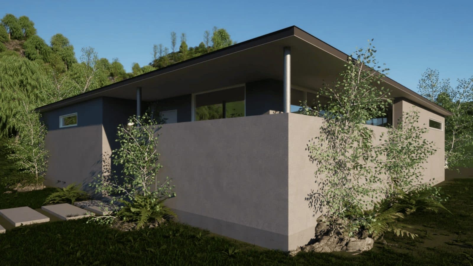 丘の緑を背にした平屋の住宅の外観の3DCG