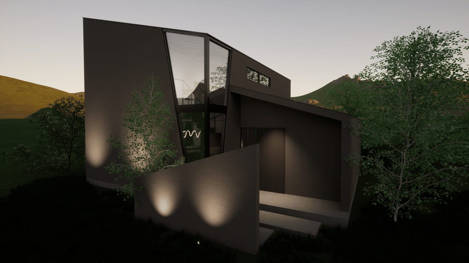 夕暮れに足元の照明が灯る住宅の外観の3DCG