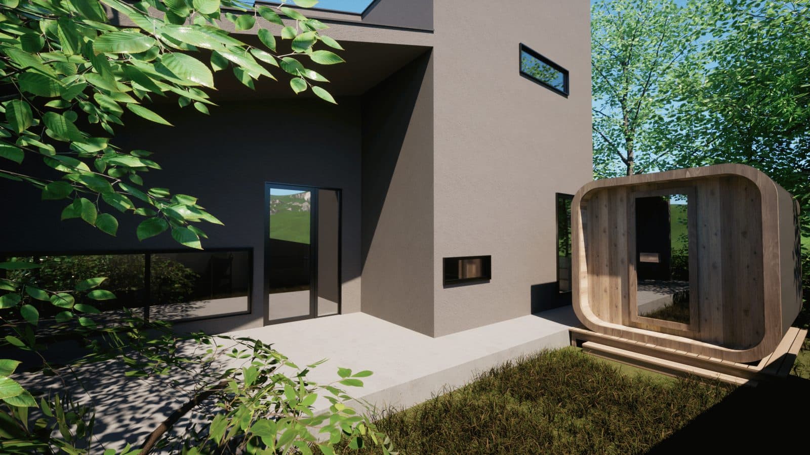 木漏れ日の庭と樽型のサウナ小屋がある住宅の外観の3DCG